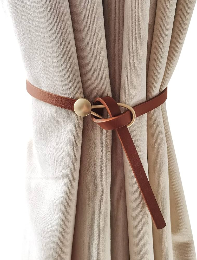 4 PCS Leather Curtain Rope Tiebacks,Curtain Tie Drapes Curtain Holdbacks Curtain Ring Clips Vinta... | Amazon (US)