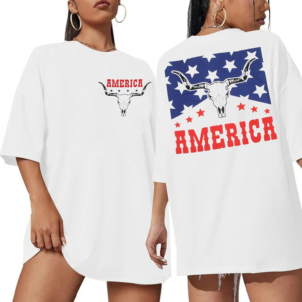 American Flag Shirt Womens Western Cow Skull Tshirt USA Patriotic Tee 4th of July Shirts Vintage ... | Amazon (US)