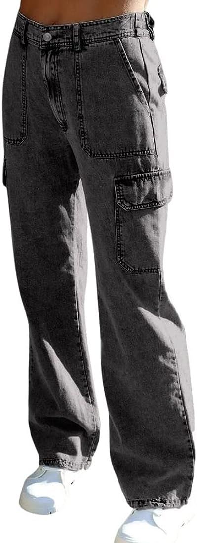 chouyatou Women's Boyfriend Multi-Pocket Cargo Jeans Y2K Streetwear Wide Leg Washed Denim Pants | Amazon (US)