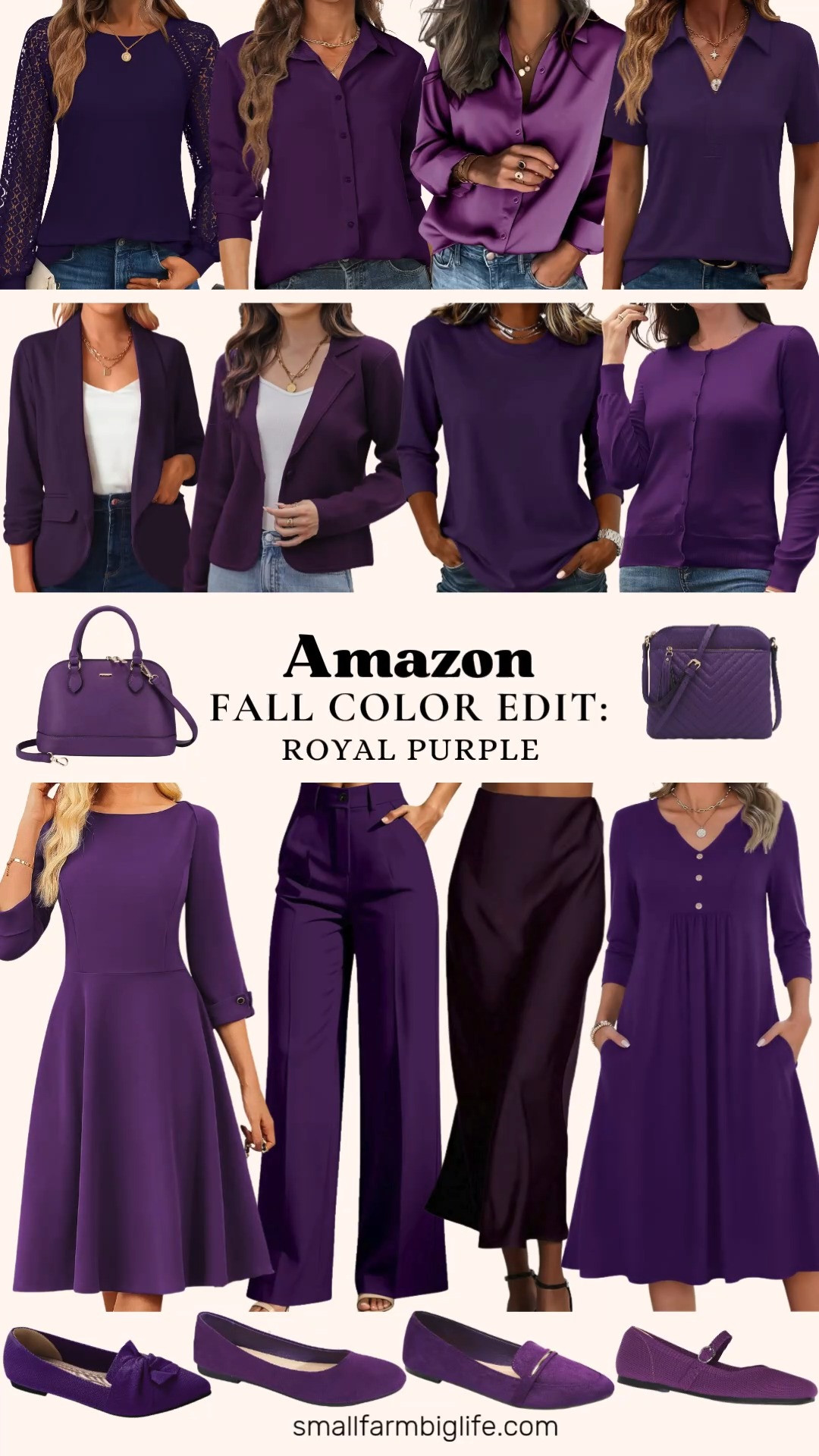 Royal purple is such a rich, elevated color for fall and this Amazon edit is full of business casual workwear pieces to build around it.

The dark purple Button Down Basic Shirt is such an easy office staple, and the ZHENWEI V Neck Polo has a nice collared, put together look for the same purpose. For layering, the GRACE KARIN Cropped Sweater Blazer and the 3/4 Sleeve Shawl Collar Blazer are both great lightweight options over a blouse, and the purple GRACE KARIN Cardigan Sweater is a soft, cozy alternative for cooler office days.

For dressier tops, the siliteelon Lace Lantern Sleeve Blouse and the Zeagoo Satin Silk Button Down both feel elevated enough for the office or a date night outfit. The GRACE KARIN Fit and Flare Midi Dress and the Zeagoo A Line Midi Dress with pockets are both easy work dresses to build a whole look around.

On the bottoms side, the Ulovmi High Waist Wide Leg Tailored Pants are a great professional staple, and the SHENHE Satin Fishtail Maxi Skirt brings an elegant, silky finish for a more formal office day.

For shoes, the HIULYCENCE Pointed Toe Flats, the Shupua Round Toe Ballet Flats, the Obtaom Pointy Toe Loafer Flats, and the Square Toe Mary Jane Flats are all comfortable, dressy options perfect for the office or walking around all day.

So many royal purple pieces to build easy business casual workwear looks around this season, all linked for you.

#amazonfashion #fallfashion #falloutfits #businesscasual #royalpurple 

 #LTKootd #LTKOver40 #LTKWorkwear