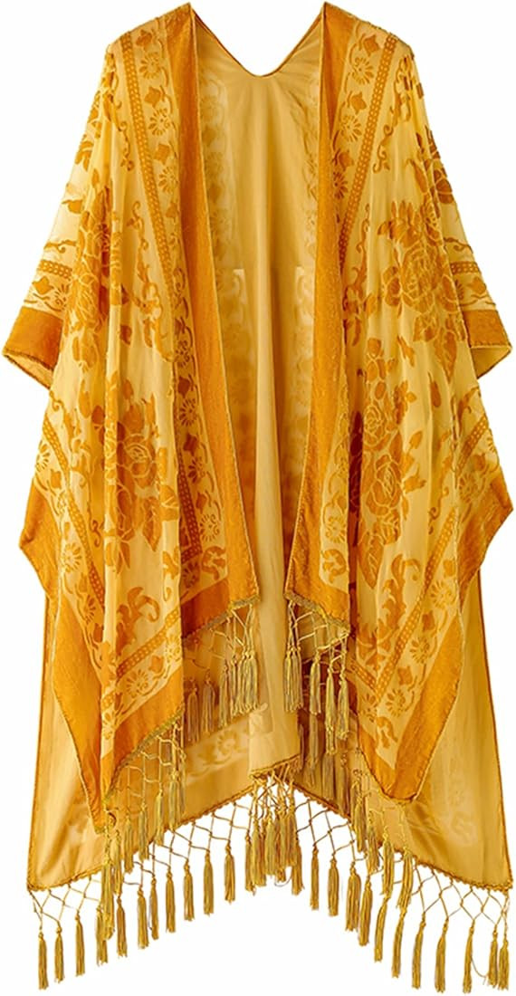 WeHello Women's Burnout Velvet Kimono Long Cardigan Cover Up with Tassel Gold | Amazon (US)