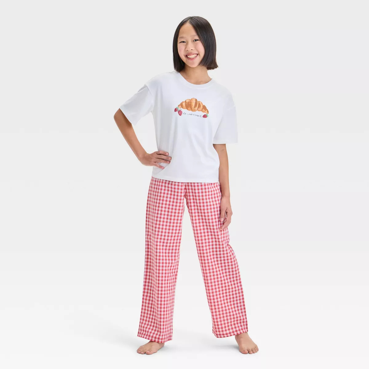 Girls' 'Croissant/Gingham' Short Sleeve Graphic T-Shirt and Pants Pajama Set - art class™ Cream... | Target