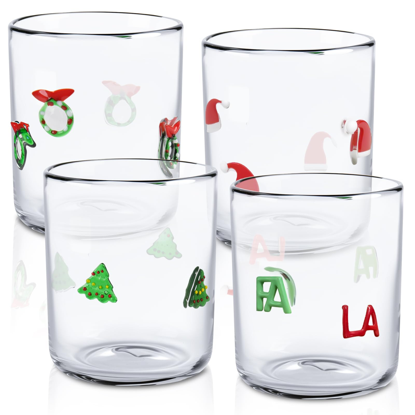 4 Pcs Christmas Icon Glass Cups Set - 14 oz Santa Hat Xmas Wreath Christmas Tree & FA LA Stemless... | Amazon (US)