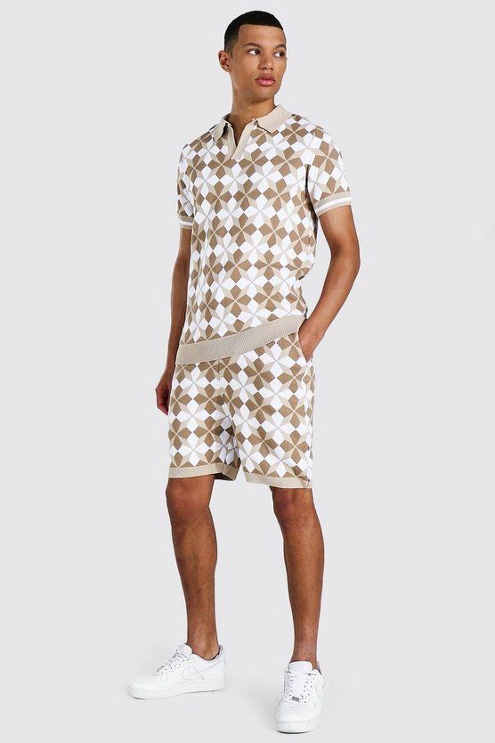 Tall Knitted Revere Printed Polo & Short Set | boohooMAN (DE, IE & UK)