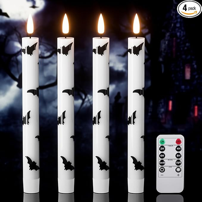 Halloween Flameless Taper Candles with Remote Timer, 4 Pack LED Flickering Candlestick, 9.65 Inch... | Amazon (US)