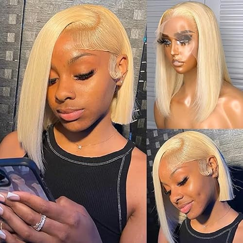 16 Inch Blonde Human Hair Bob Wigs 13x4 HD Transparent Pre Plucked with Baby Hair Lace Frontal Wigs Long Brazilian Virgin Hair Glueless 613 Blonde Bob Wigs Bleached Knots for Women(Take Color Well) | Amazon (US)