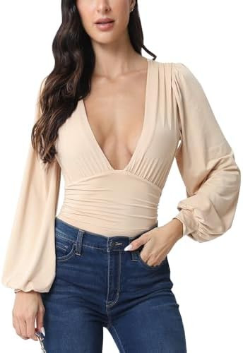 Weigou Women Jumpsuits Long Sleeve V Neck Pleated Loose Bodysuits Tops For Women Leotard Shirts | Amazon (US)