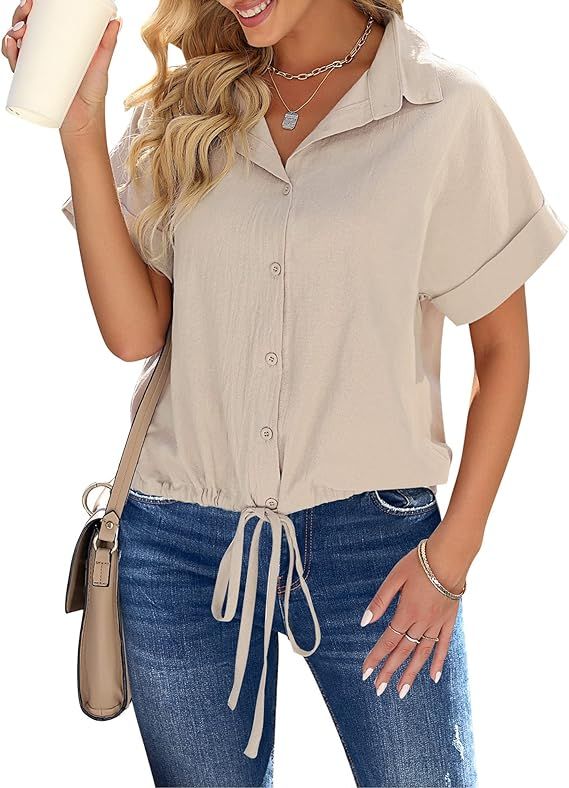 GRAPENT Women's Casual Button Down Shirt Collared Blouse Batwing Short Sleeve Top | Amazon (US)
