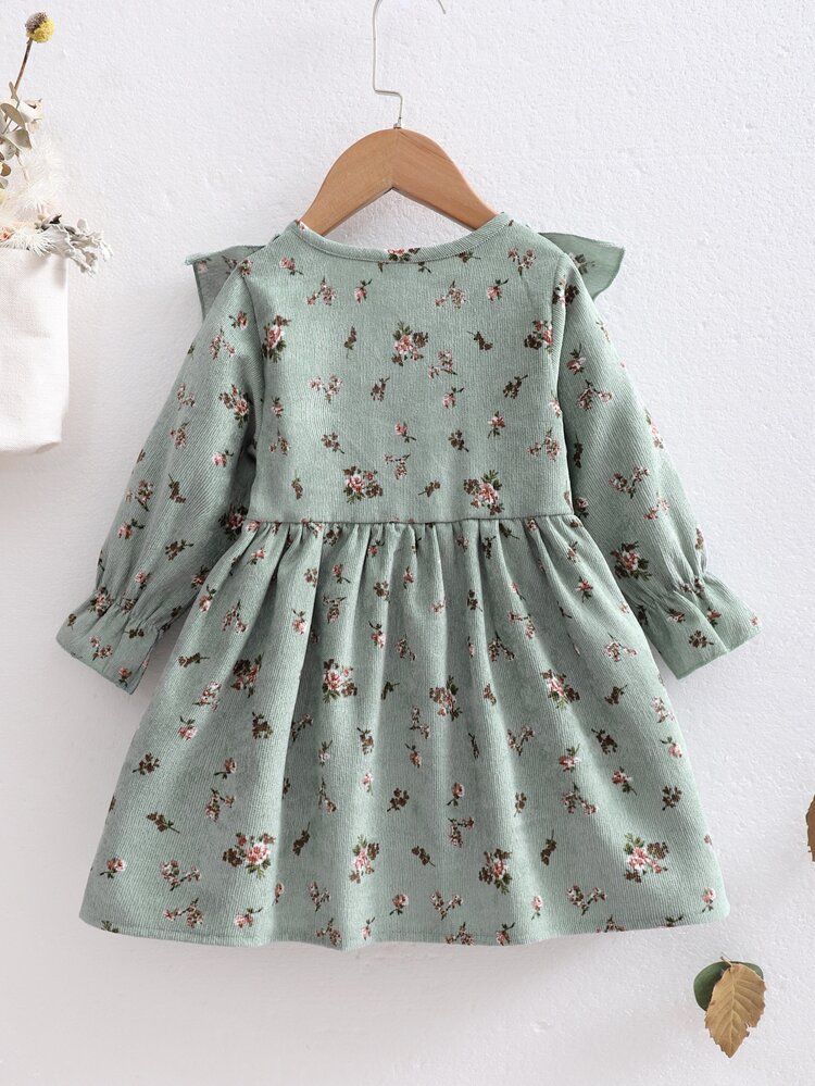 Baby Floral Print Ruffle Trim Flounce Sleeve Corduroy Dress | SHEIN