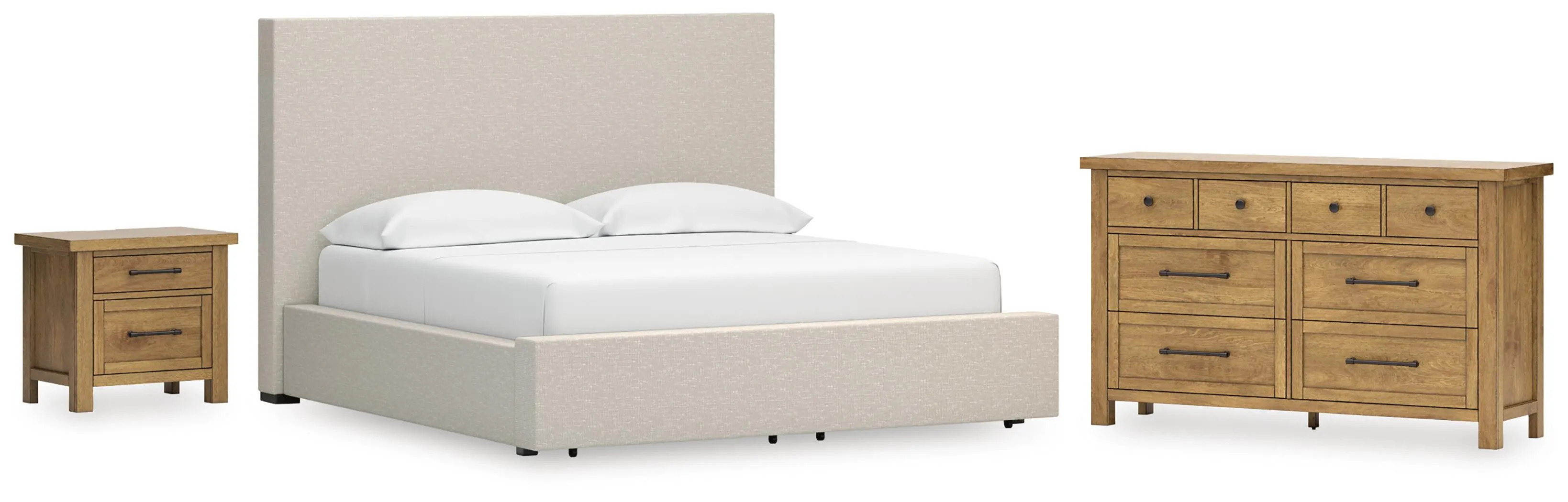 Kristiland King Upholstered Storage Bed with Dresser and Nightstand, Light Brown | Ashley