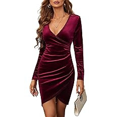 Velvet Dress for Women Wrap V Neck Long Sleeve Ruched Midi Dresses for Cocktail Evening Party | Amazon (US)