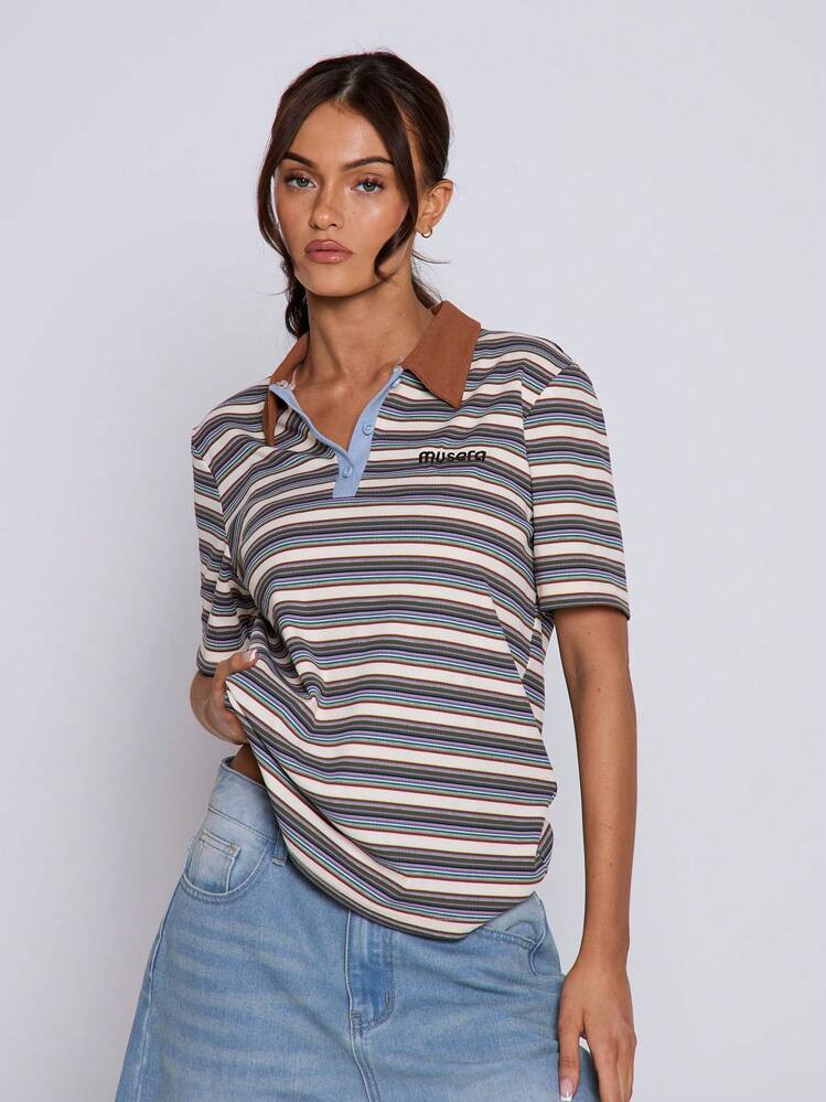MUSERA Relaxed Fit Collared Striped Embroidered "Musera" Short Sleeve Polo Shirt Street Style Airport Graphic Tees Oversized Fall Back To School Autumn Winter | SHEIN