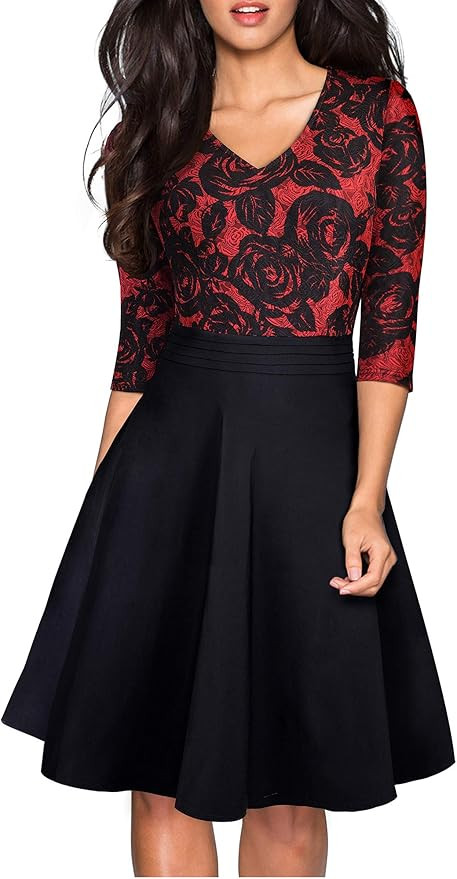 HOMEYEE Women's Chic V-Neck Lace Patchwork Flare Party Dress A062 | Amazon (US)