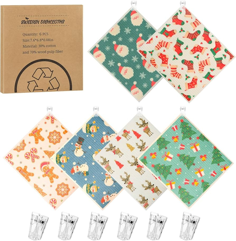 6 Pack Christmas Swedish Dishcloths for Kitchen, Santa Claus Snowman Elk Reusable Paper Towels wi... | Amazon (US)