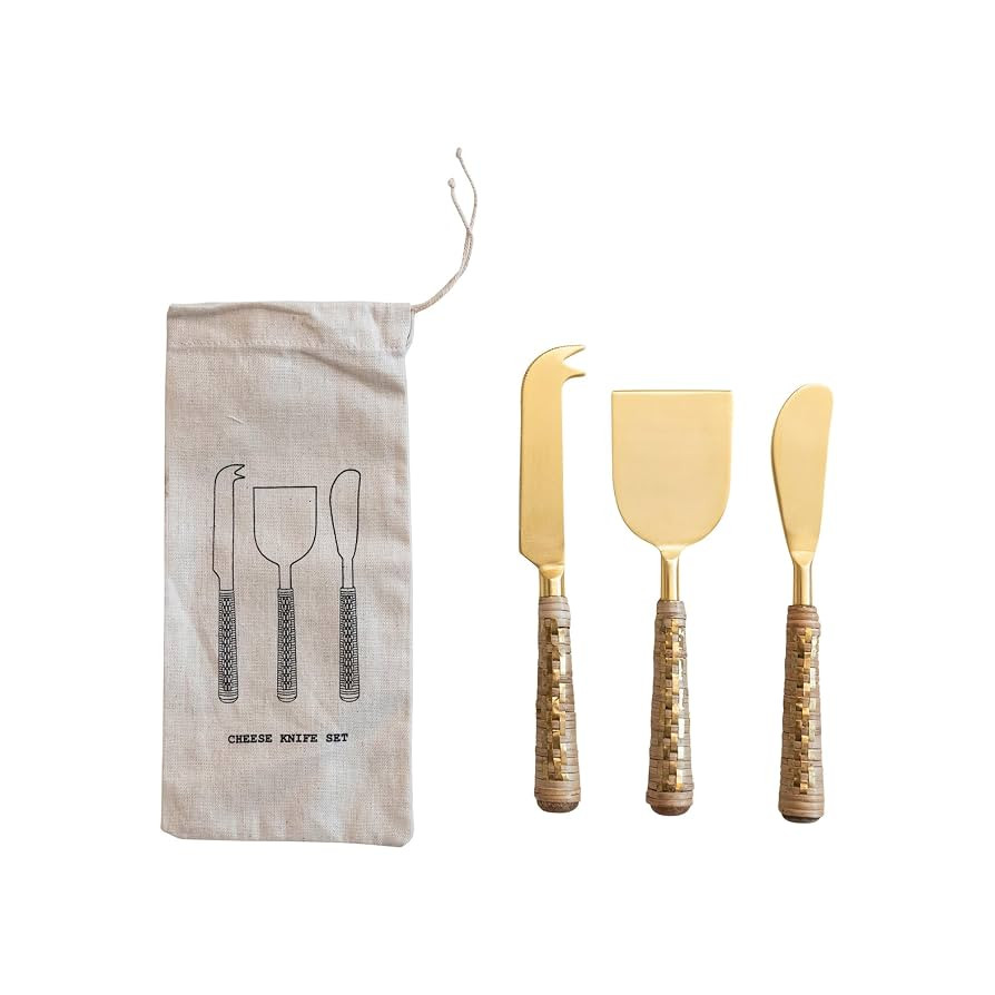 Creative Co-Op Rattan Wrapped Mango Wood Handle Cheese Knives, Cream and Brown, Set of 3 | Amazon (US)