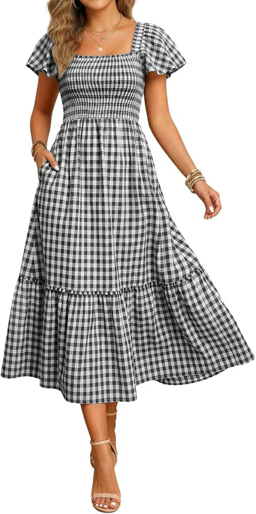 Pinup Fashion Plaid Gingham Smocked Flutter Sleeve Casual Summer Midi Dress | Amazon (US)