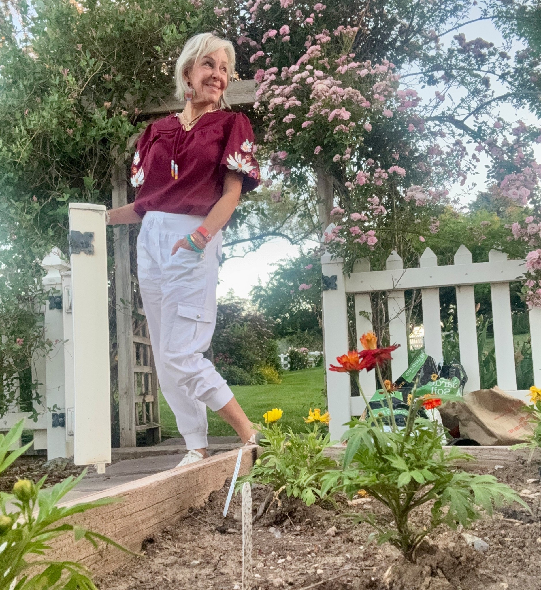 Embroidered puffed sleeve top comes in several colors. I am wearing a medium in cargo pants and top
Hoka sneakers are the best. 
Brink and Eliza heart necklace is gorgeous

#LTKStyleTip #LTKOver40 #LTKFindsUnder50