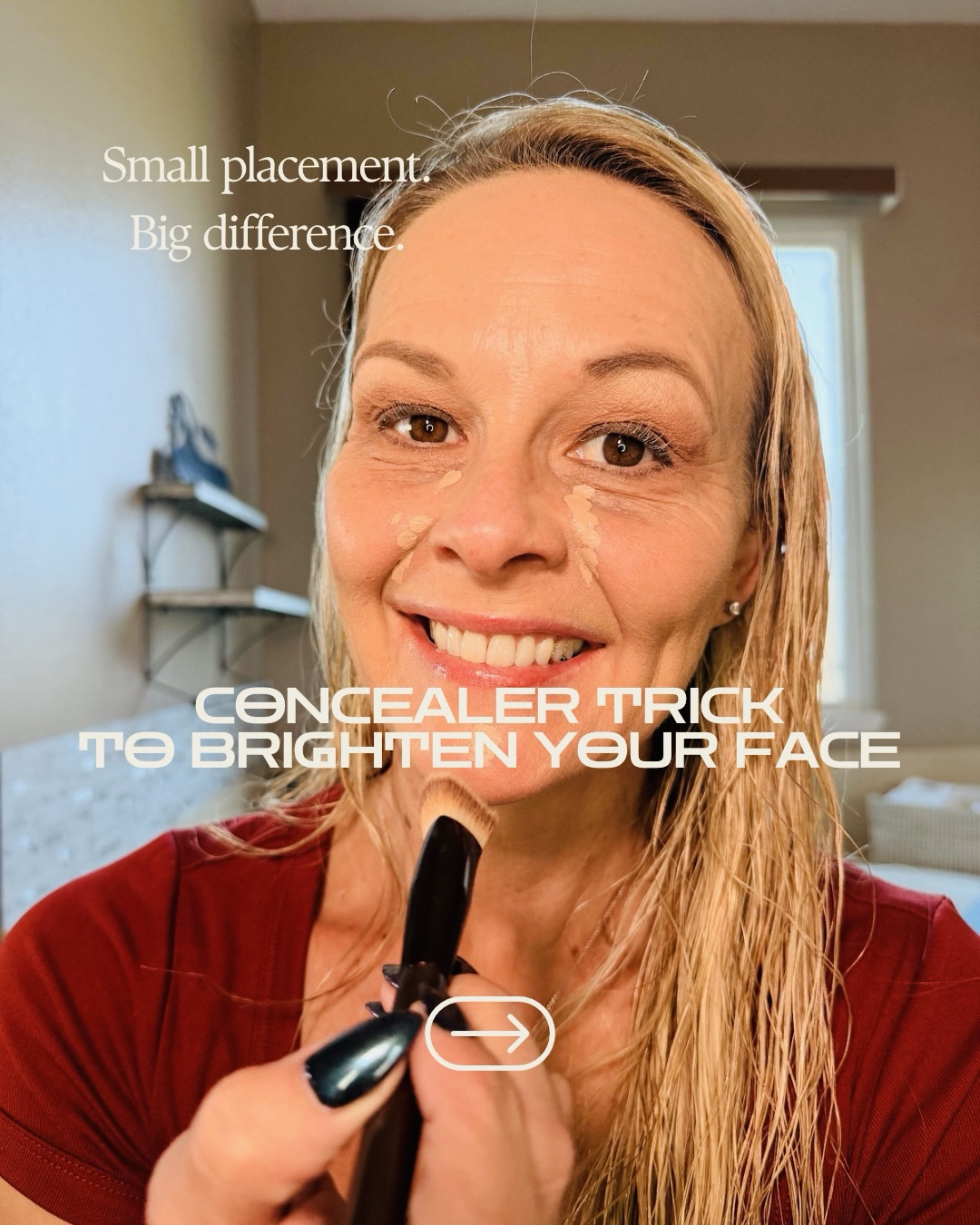 A little concealer trick that can instantly brighten your whole face.

Start with two small dabs:
• one on your chin
• one between your eyes

Then place concealer under your eye and dab it downward toward your laugh line.

Now blend it all together.

The real magic is the brush.
This Maange blending brush buffs everything into the skin so the concealer melts in instead of sitting on top.

It gives you a brighter, smoother look without heavy makeup. #makeuptis #blending  

#LTKselfcare #LTKBeauty #LTKOver40
