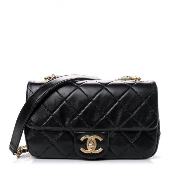 CHANEL Calfskin Quilted Mini Rectangular Crystal Pearls Chain Flap Black | Fashionphile