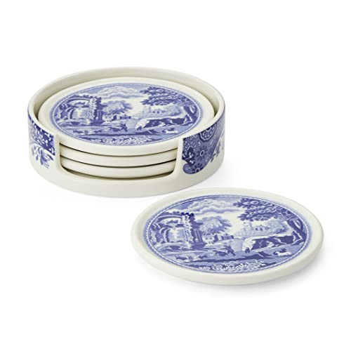 Spode Blue Italian Ceramic Coasters with Holder - Set of 4 Drink Coasters for Table Protection, Porcelain Drinkware Essentials Featuring Scenic Italian Countryside Design, 3.75 Inch | Amazon (US)