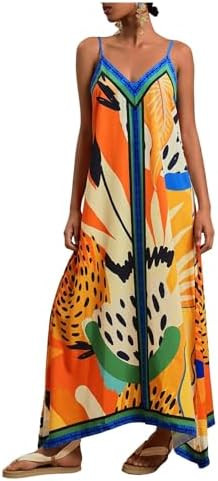 RoseSeek Women's Tropical Boho Print Camisole Dress Maxi Dresses Sundress | Spaghetti Strap V Nec... | Amazon (US)