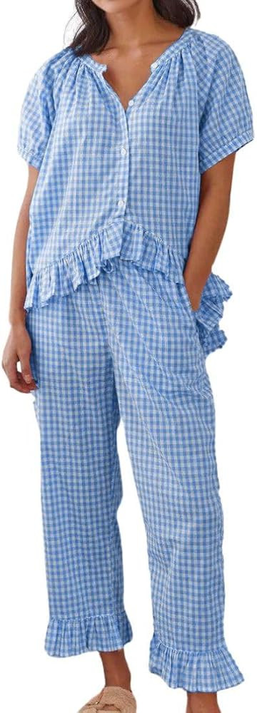 Womens Gingham Pajama Set 2 Piece Short Sleeve Babydoll Shirt and Pants Lounge Set Cute Sleepwear | Amazon (US)