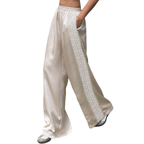 Women Satin Silk Lace Trim Pants Y2k Elastic Waist Wide Leg Pj Lounge Boxer Bottoms Trendy Causal Trousers (Side Lace Champagne,L) | Amazon (US)