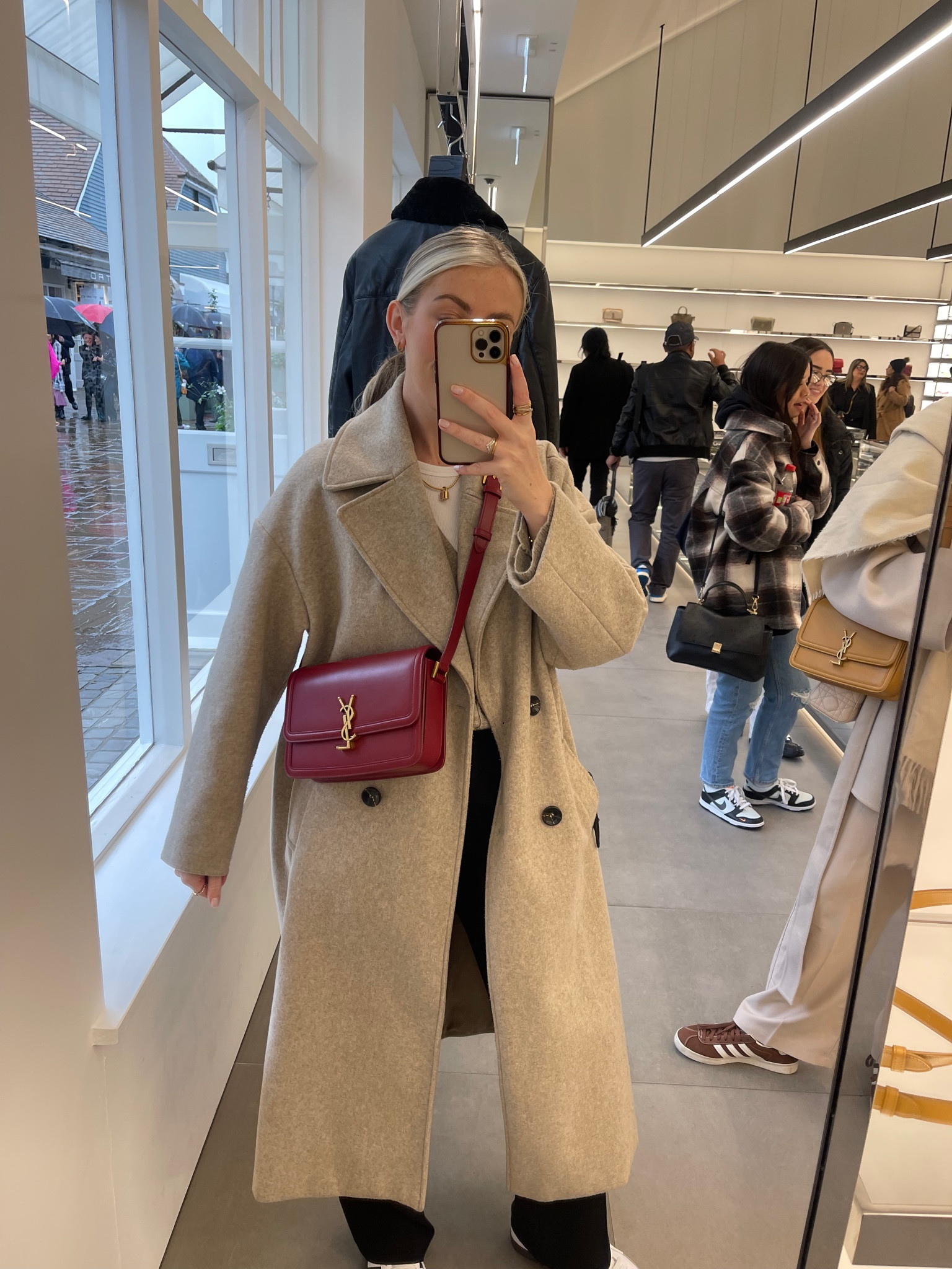 Trench coat, ysl red crossbody bag 