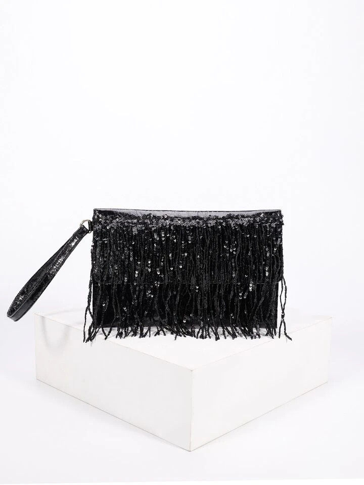 £6.75              TrendsFringe Decor Sequin Square Bag With Wristlet4.81(100+)Color: Black  Siz... | SHEIN
