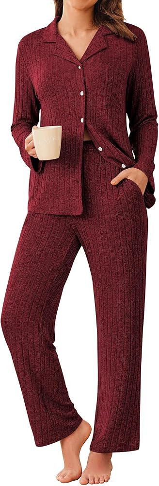 Ekouaer Womens Ribbed Knit Pajama Sets 2 Piece Lounge Set Long Sleeve Button Down Pjs Sleepwear S... | Amazon (US)