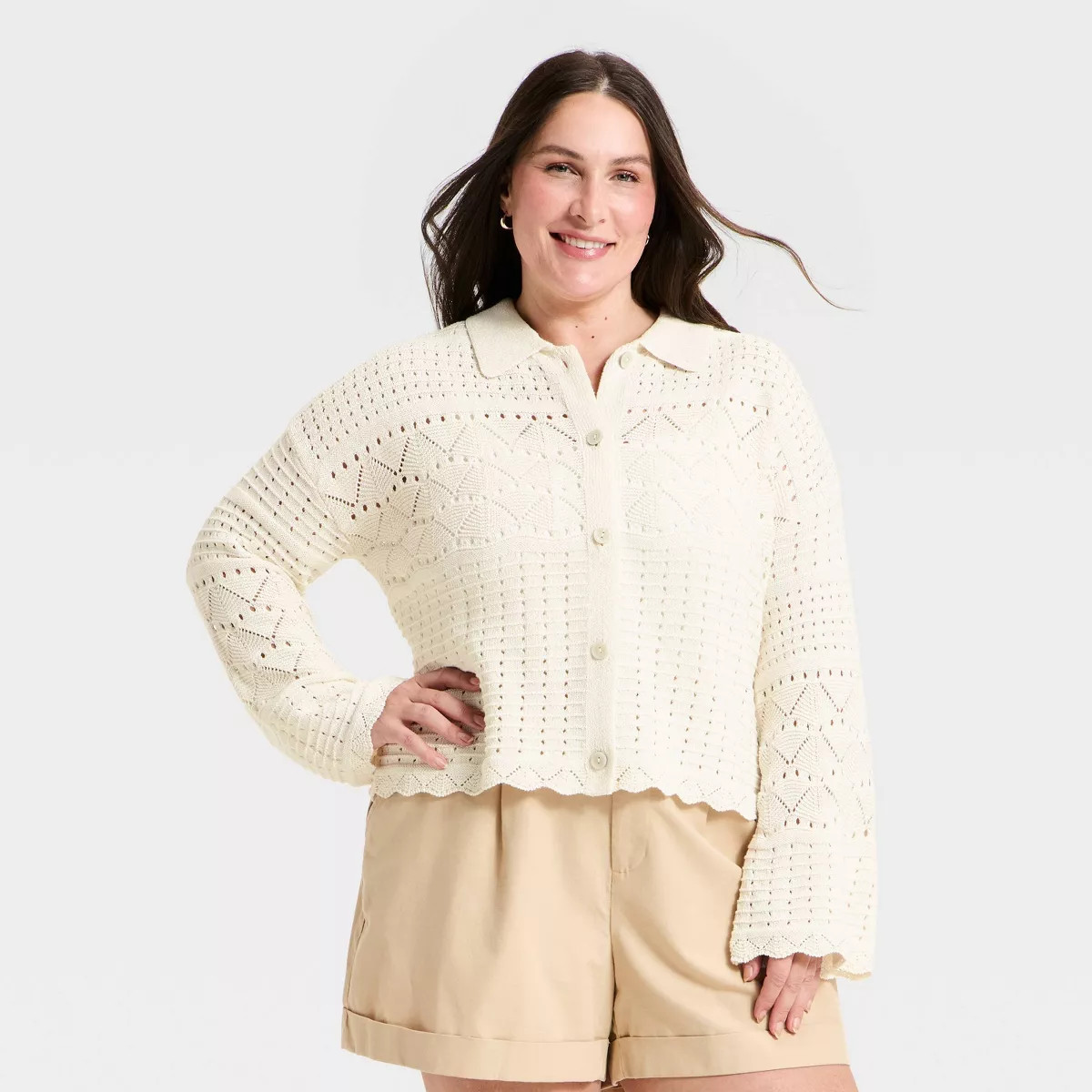 Women's Collared Crochet Cardigan - A New Day™ Cream XXL | Target