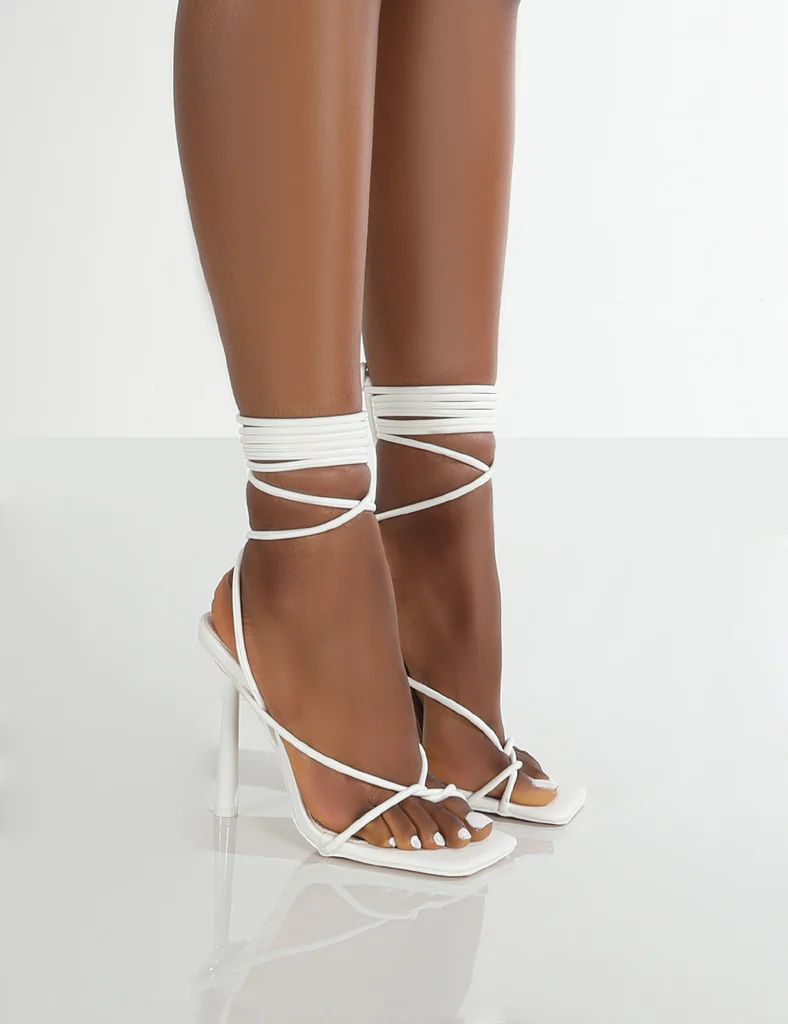 Lacey White Square Toe Strappy Lace Up Heels | Public Desire