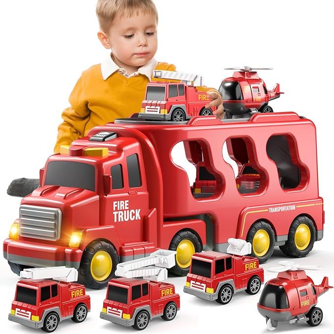 TEMI Toddler Fire Toys for 3 4 5 6 Years Old Boys Girls - 5 in 1 Carrier Truck Transport Cars for... | Amazon (US)