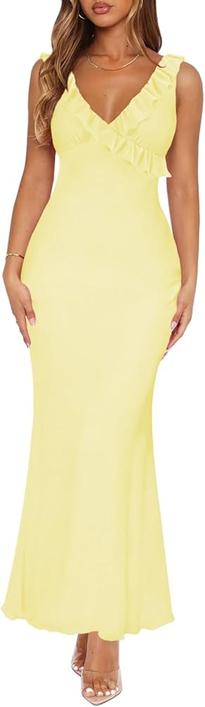 Women Sexy Sleeveless V-Neck Ruffle Backless Summer Dresses Long Formal Dress for Women Cocktail ... | Amazon (US)