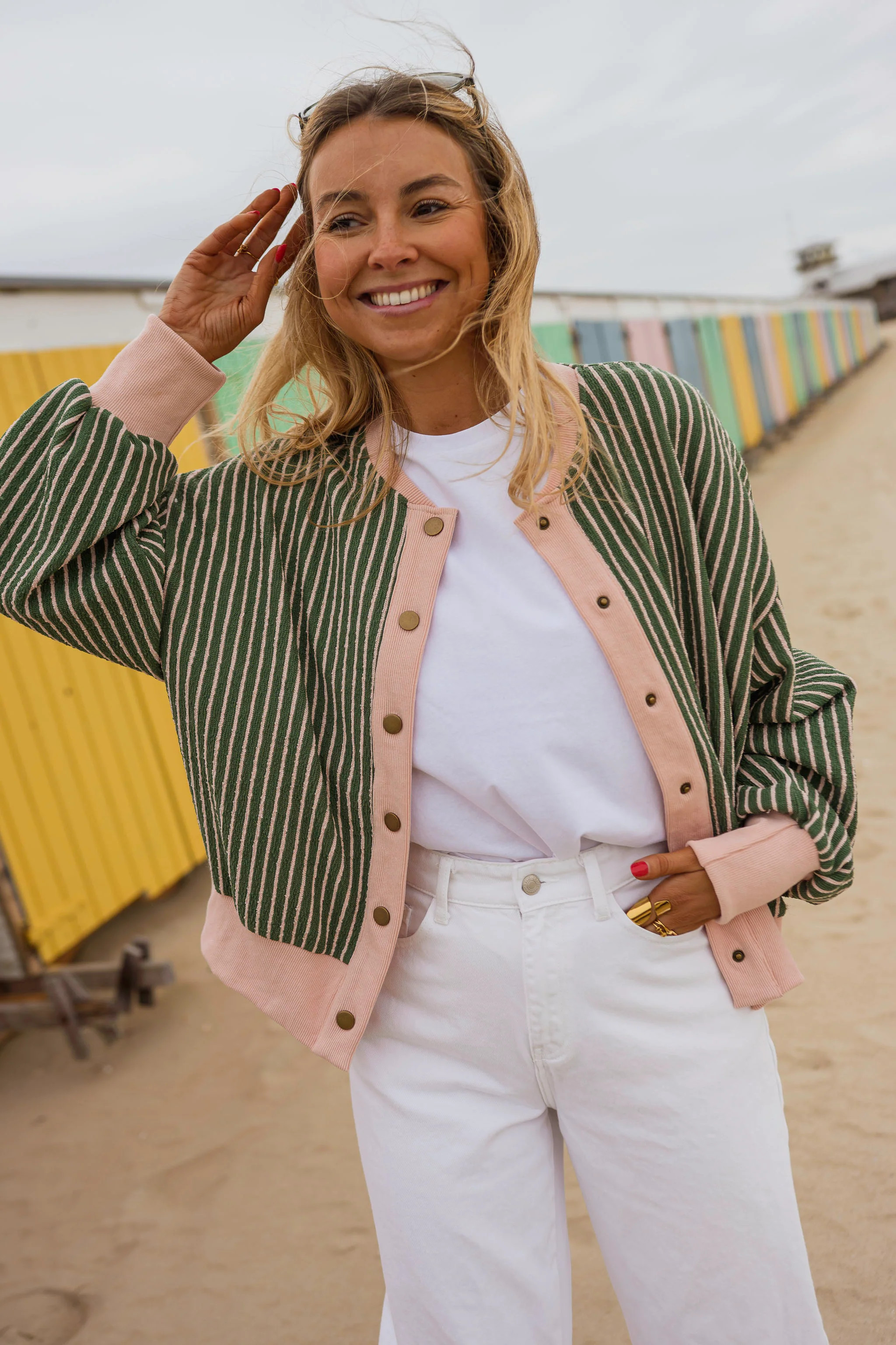 Green with Pink Stripes Verda Cardigan | Easy Clothes | Easy Clothes
