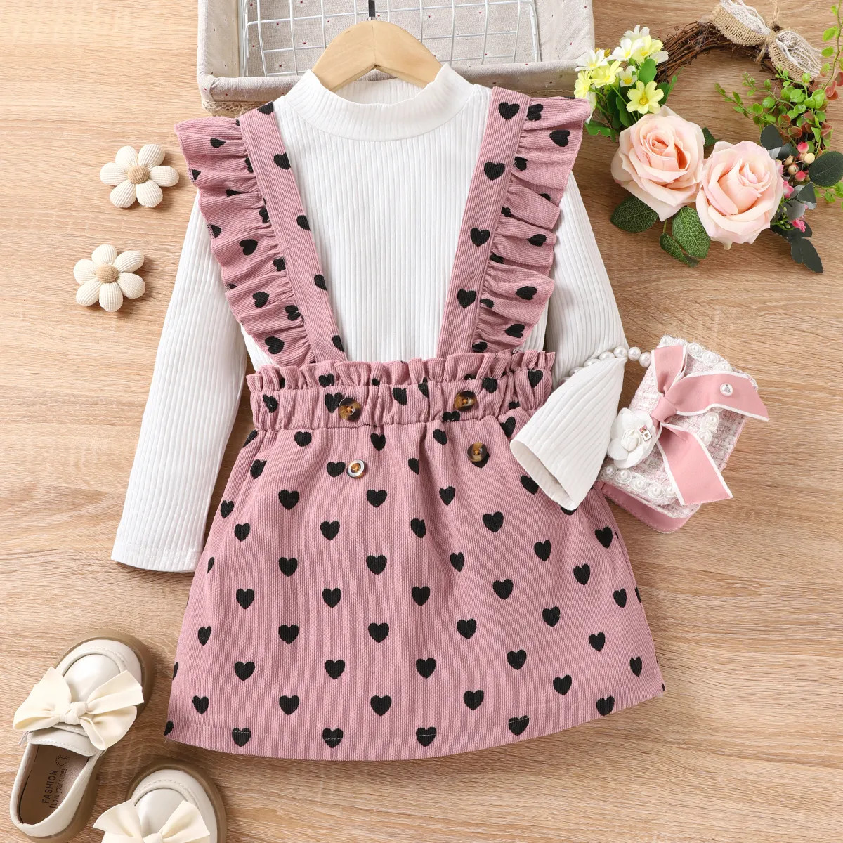 2pcs Kid Girl 95% Cotton Ribbed Solid Long-sleeve Top and Allover Heart Print Ruffle Strappy Skir... | PatPat