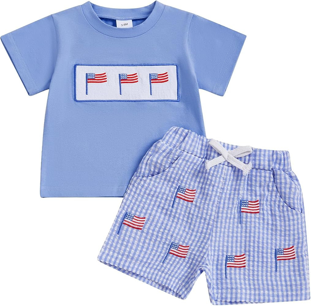 Toddler Baby Boy 4th of July Outfits American Flag T-Shirt Tops Plaid Shorts Set Fourth of July B... | Amazon (US)