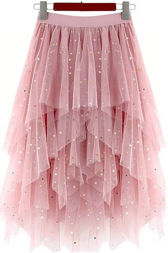 LBKKC Sequin Pink Tulle Skirts for Women, Pink Sparkly Puffy Skirt Asymmetrical Midi Length Ruffled Tutu Layered Mesh Fairy Skirt | Amazon (US)