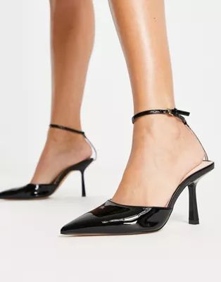 London Rebel ankle strap pointed stiletto heel shoes in black patent | ASOS (Global)