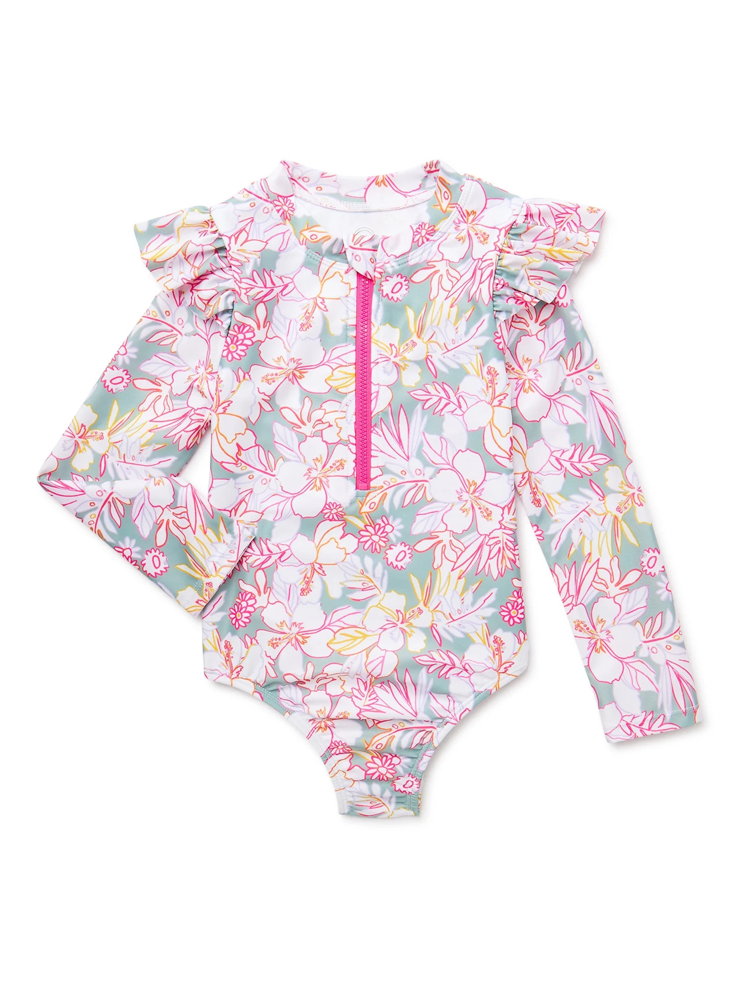 Wonder Nation Toddler Girl Zip Long Sleeve Rash Guard Swimsuit, Size 12M-5T | Walmart (US)