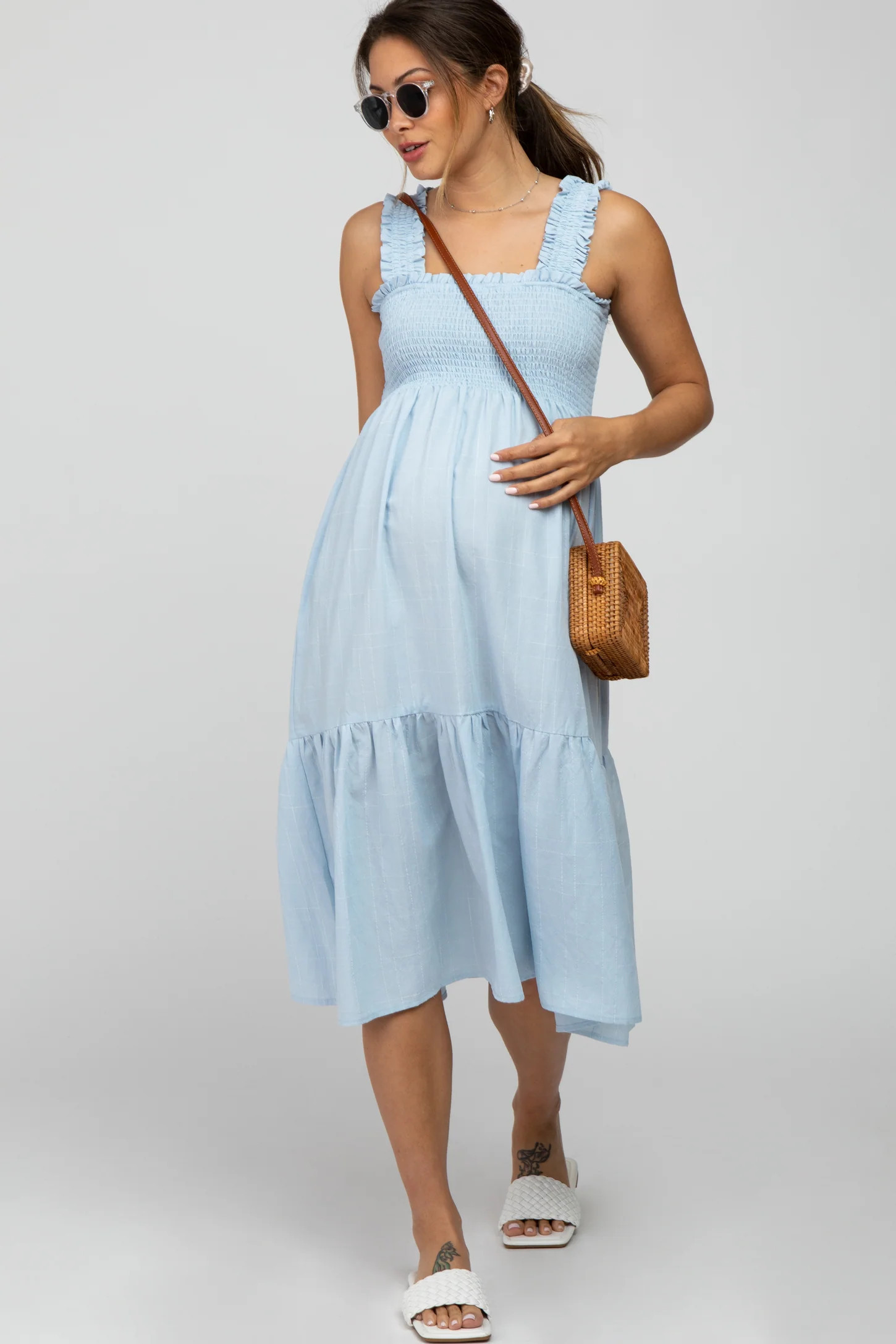 Light Blue Square Neck Smocked Maternity Midi Dress | PinkBlush Maternity