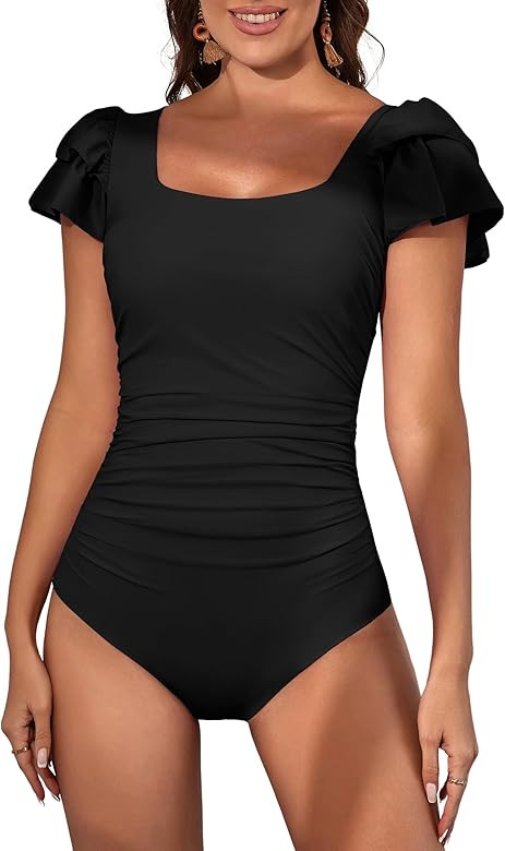 Eomenie Women's Tummy Control One Piece Swimsuit Ruffle Square Neck Bathing Suit Ruched Cutout Ba... | Amazon (US)
