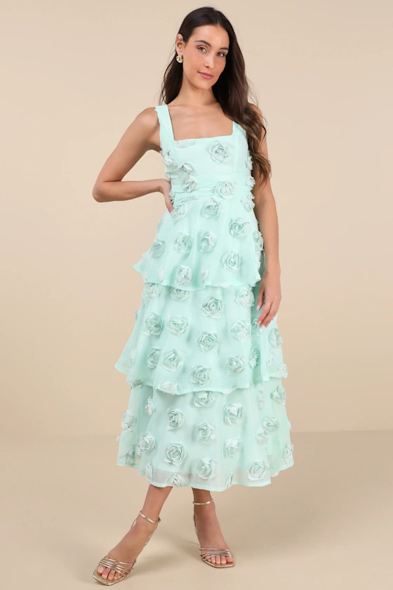 Exceptional Entrance Mint Sleeveless Tiered Rosette Midi Dress | Lulus