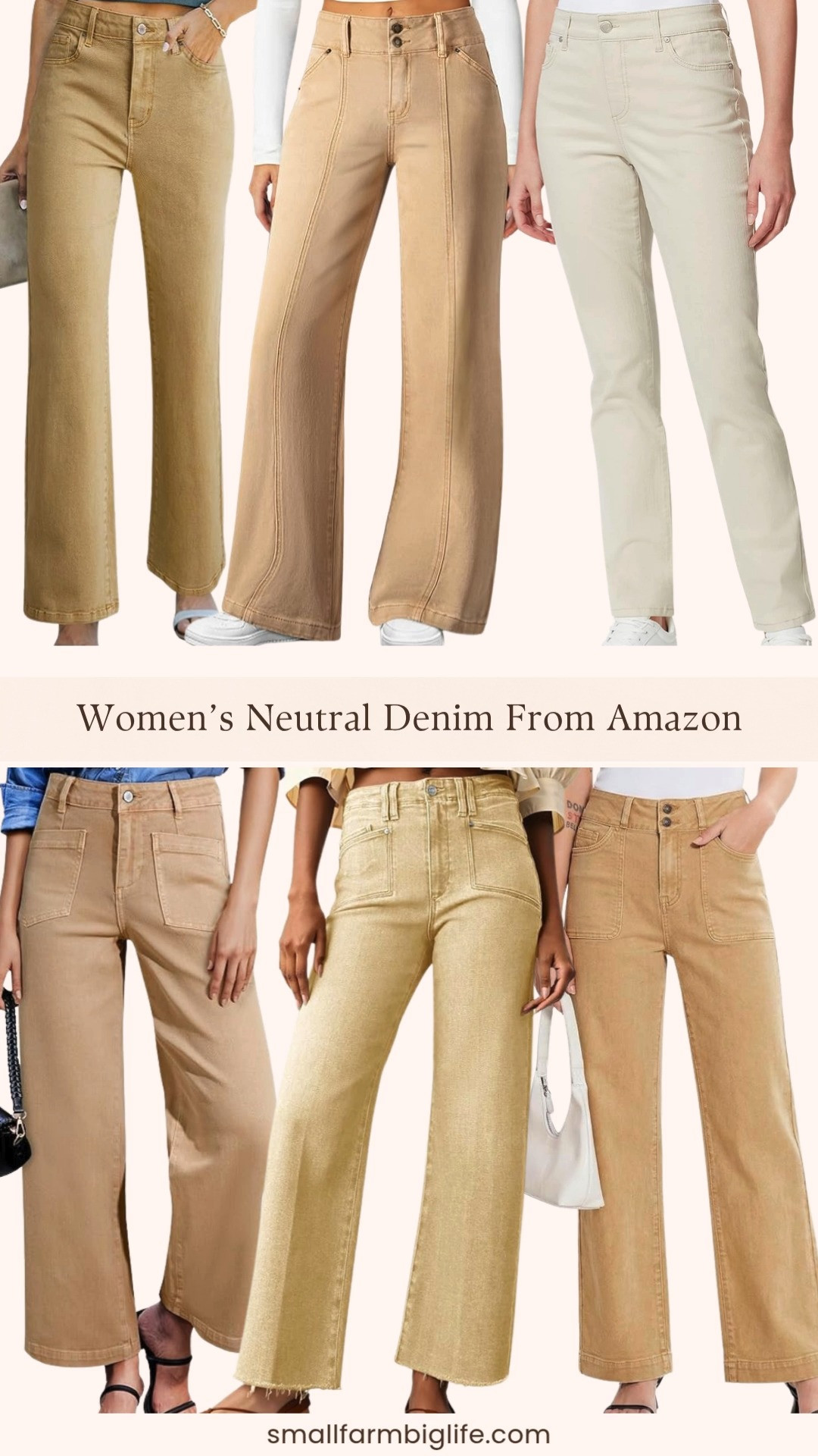 Neutral denim is having a major moment right now and Amazon has some really great options at amazing prices! Khaki and cream tones are so versatile and easy to style for spring and summer. From wide leg to straight leg to cropped styles, there is something for every body type and preference. Linking all my favorites below! 

 #LTKgrwm #LTKootd #LTKOver40