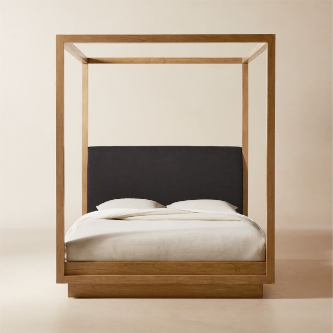 Clauson Black Upholstered and Wood Canopy Queen Bed | CB2