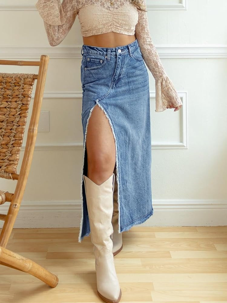 Fisoew Womens Denim Maxi Skirt Casual High Waist Split Thigh A-Line Frayed Long Jean Skirt with P... | Amazon (US)
