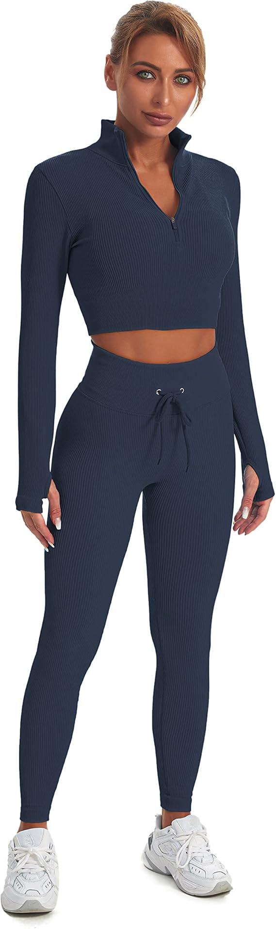 SVVINN Women Workout Outfits 2 Piece Ribbed Seamless Gym Zipper Bra Yoga High Waist Leggings Sets | Amazon (US)