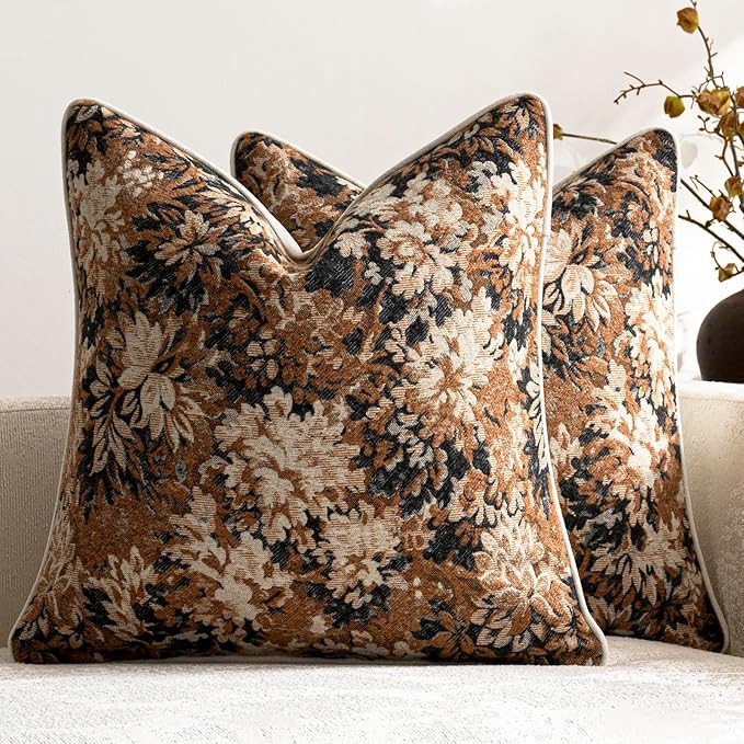 Pack of 2 Vintage Floral Throw Pillow Covers 18x18 Boho Farmhouse Accents Chenille Square Decorat... | Amazon (US)