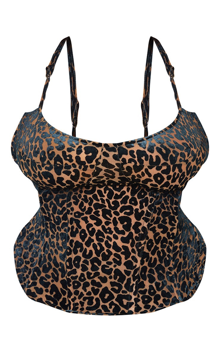 Plus Chocolate Leopard Velvet Structured Corset Top | PrettyLittleThing US