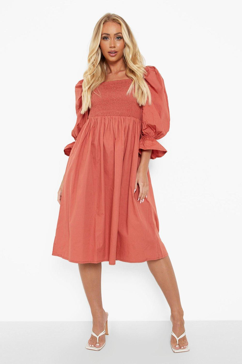 Puff Sleeve Square Neck Midi Smock Dress | Boohoo.com (UK & IE)